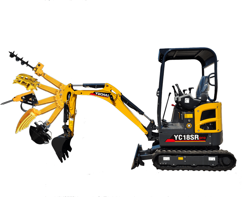 Yuchai Americas YC18  excavator with multiple attachments including bucket, grapple, and auger