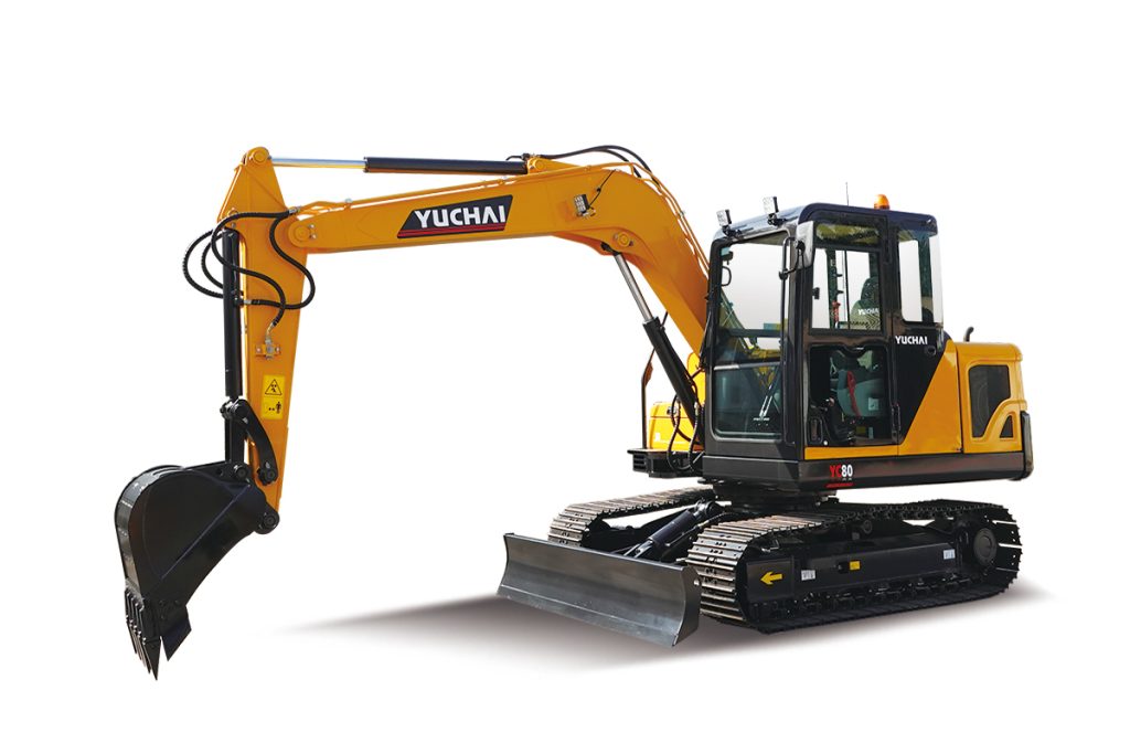 Yuchai Americas YC80 excavator, yellow and black, with extended boom arm and bucket, tracked chassis, and operator cab, on white background.