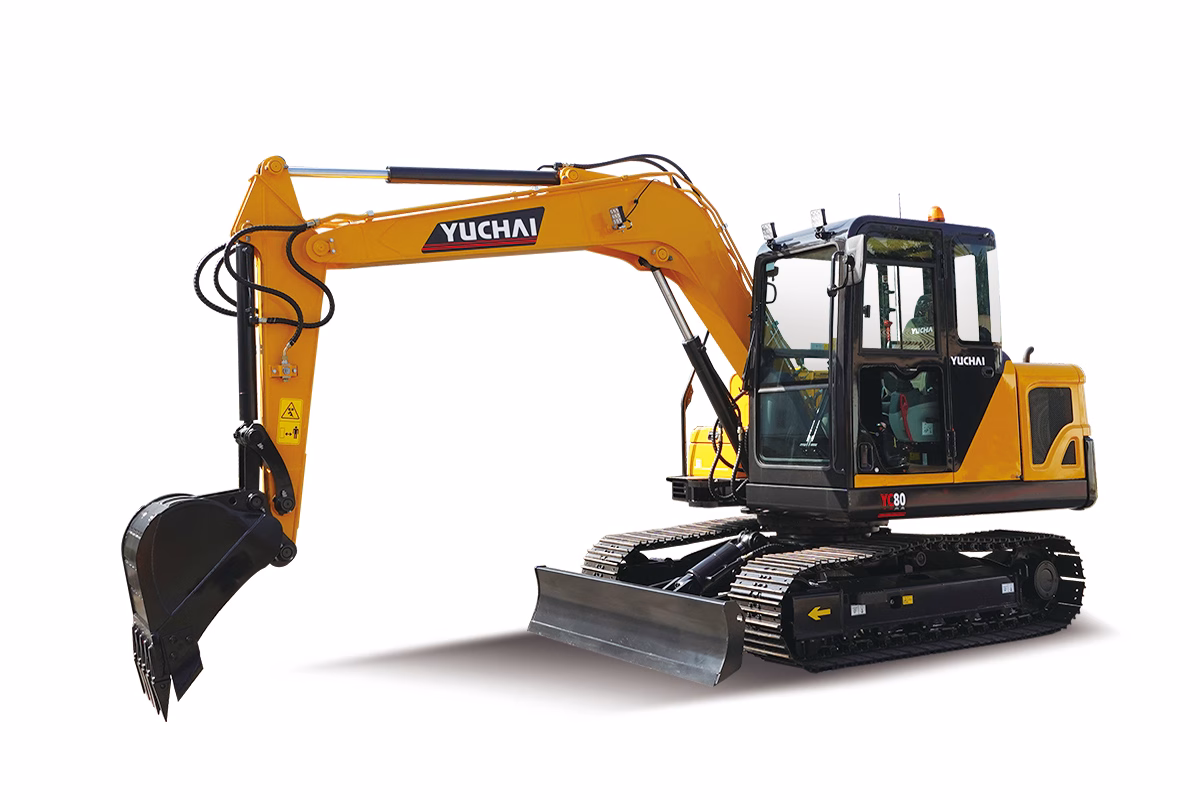 Yuchai Americas YC80 excavator, yellow and black, with extended boom arm and bucket, tracked chassis, and operator cab, on white background.