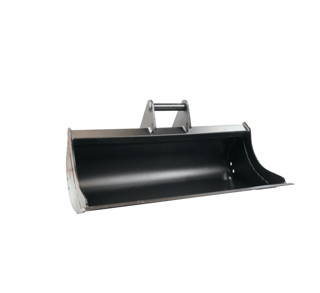 Yuchai Americas durable black tilt bucket attachment for excavators or skid steers, featuring a curved design and sturdy mounting brackets