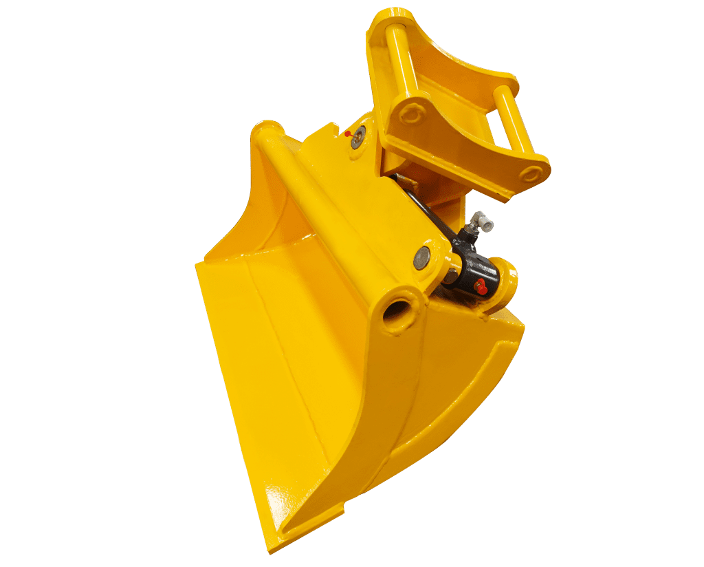 Yuchai Americas excavator bucket attachment in bright yellow, featuring a hydraulic quick coupler for easy installation and removal