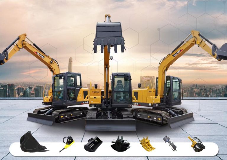 Yuchai Americas excavator lineup featuring three yellow machines with extended arms, various attachments displayed below, set against a cityscape background with hexagonal overlay