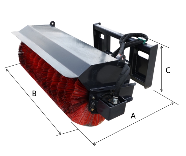 Yuchai Americas hydraulic angle broom attachment for skid steers, featuring a large red bristle brush and adjustable mounting frame with dimension indicators