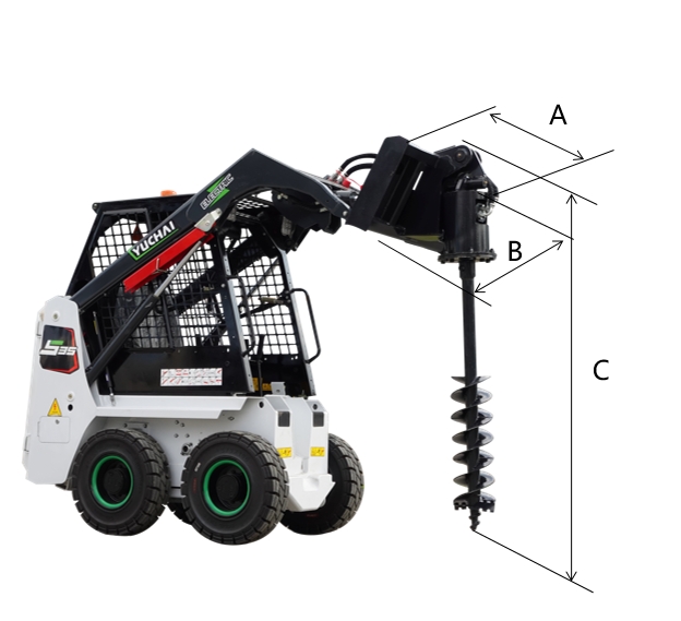 Yuchai Americas skid steer loader with attached hydraulic auger, featuring dimension indicators for the auger attachment