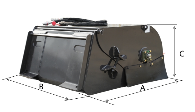 Yuchai Americas high-capacity skid steer bucket attachment with hydraulic connections and dimensional indicators