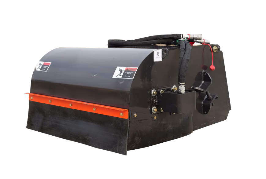 Yuchai Americas sweeper attachment, black with orange trim, featuring cylindrical body and rubber flap for debris collection
