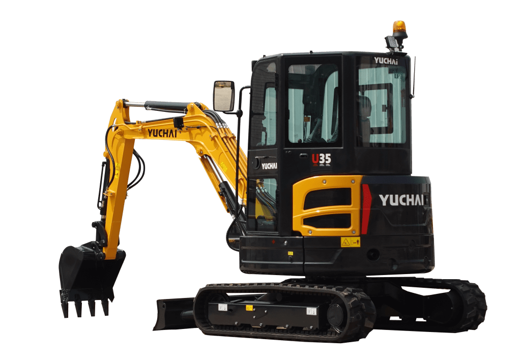 Yuchai Americas U35 compact excavator featuring yellow boom arm, black cab, and tracked undercarriage, shown in profile with extended bucket