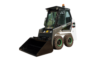 Yuchai Americas S35 skid steer loader with enclosed cab, black front bucket, and four large tires with green-accented rims