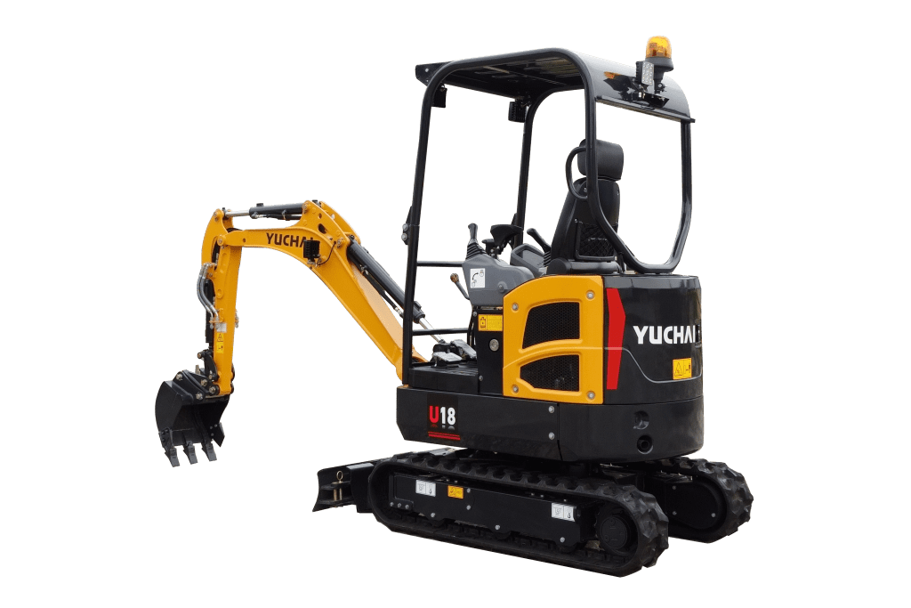 Yuchai Americas U18 excavator with extended arm and bucket, showcasing compact design and versatility for -scale construction projects