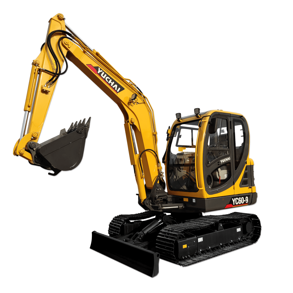 Yuchai Americas YC60-9 excavator with extended arm and bucket, showcasing its bright yellow color, compact cabin design, and tracked undercarriage