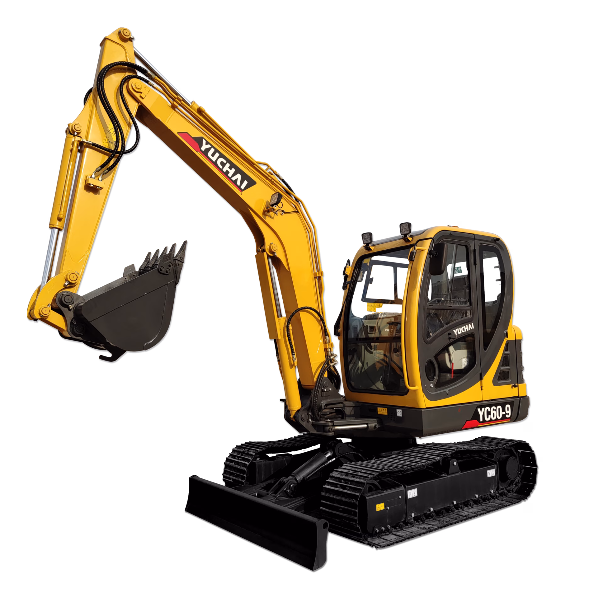 Yuchai Americas YC60-9 excavator with extended arm and bucket, showcasing its bright yellow color, compact cabin design, and tracked undercarriage