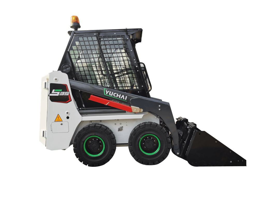 Yuchai Americas G35 skid steer loader with protective cab grille, showing side profile with raised bucket and distinctive green-rimmed wheels