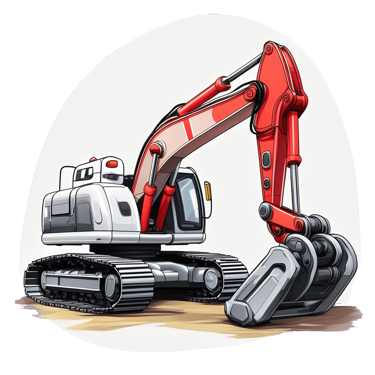 Illustration of a red and white Yuchai Americas tracked excavator with extended arm and bucket, positioned diagonally within a circular frame on a light background.