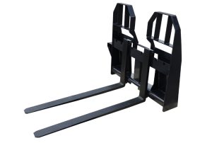 Yuchai Americas heavy-duty pallet fork attachment for skid steers , featuring two sturdy black forks mounted on a robust frame