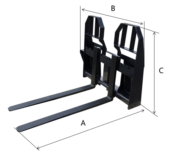 Yuchai Americas Skid Steer Pallet Fork with dimension markings