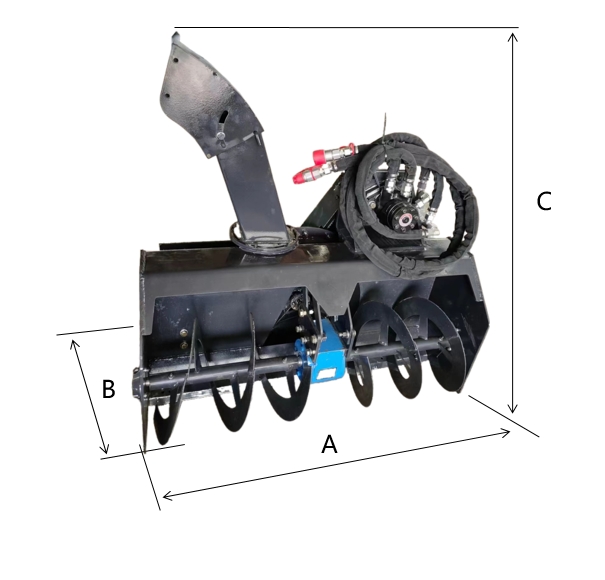 Yuchai Americas snowblower attachment with auger, chute, and hydraulic connections