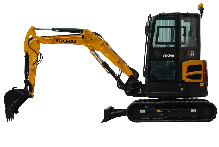 Yuchai Americas compact excavator model U35, featuring a yellow boom arm, black cab with safety beacon, and tracked undercarriage