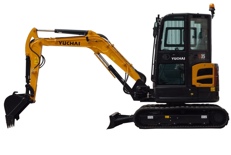 Yuchai Americas compact excavator model U35, featuring a yellow boom arm, black cab with safety beacon, and tracked undercarriage