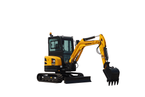 Yuchai Americas U35 compact excavator, yellow and black, featuring enclosed cab, extended boom arm with bucket, and tracked undercarriage