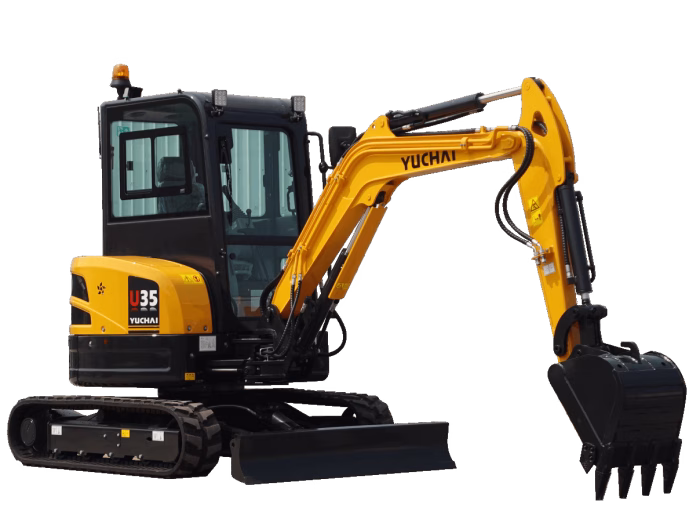 Yuchai Americas U35 compact excavator, yellow and black, featuring enclosed cab, extended boom arm with bucket, and tracked undercarriage