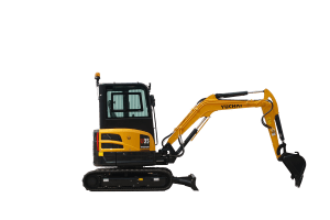 Yuchai Americas compact excavator model U35 with yellow boom and black cab, side view on white background