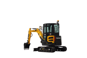 Yuchai Americas U35 compact excavator with yellow boom arm and black cab, three-quarter view showing bucket attachment