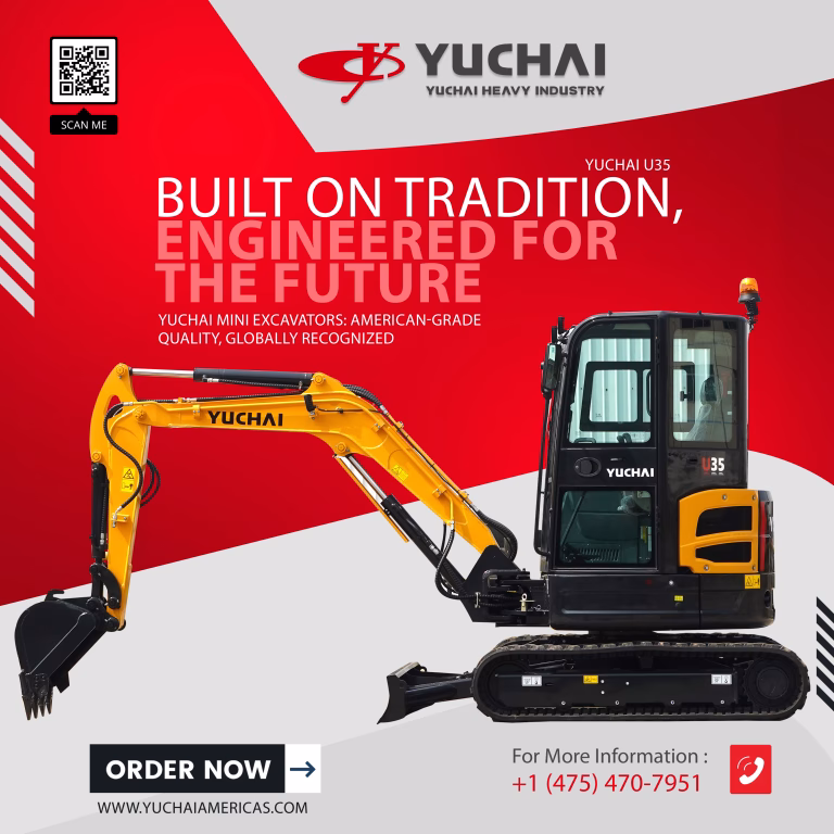 Yuchai Americas U35 excavator promotional image featuring the machine with extended arm, alongside text highlighting American-grade quality and future-oriented engineering