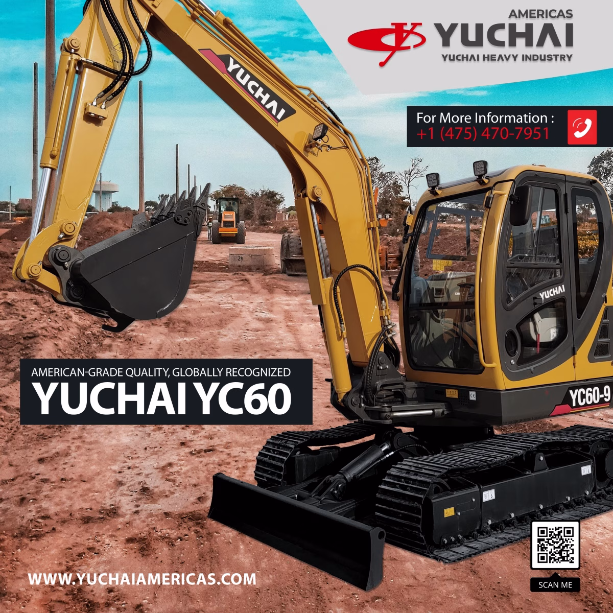 The YC60 features a Kubota V2403 engine (41.2-46.9 hp) offering low fuel consumption and emissions while meeting regulations.